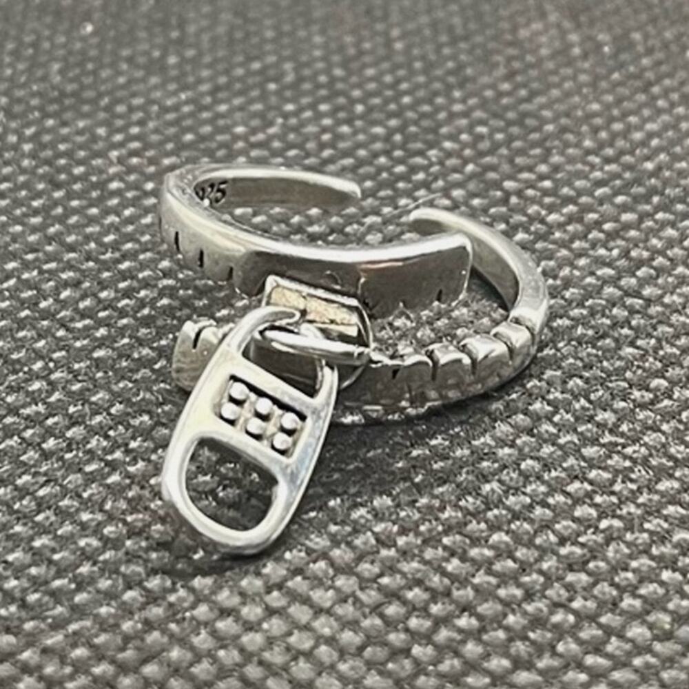 Retro Y2K Adjustable Sterling Silver Geometric Zipper Statement Ring